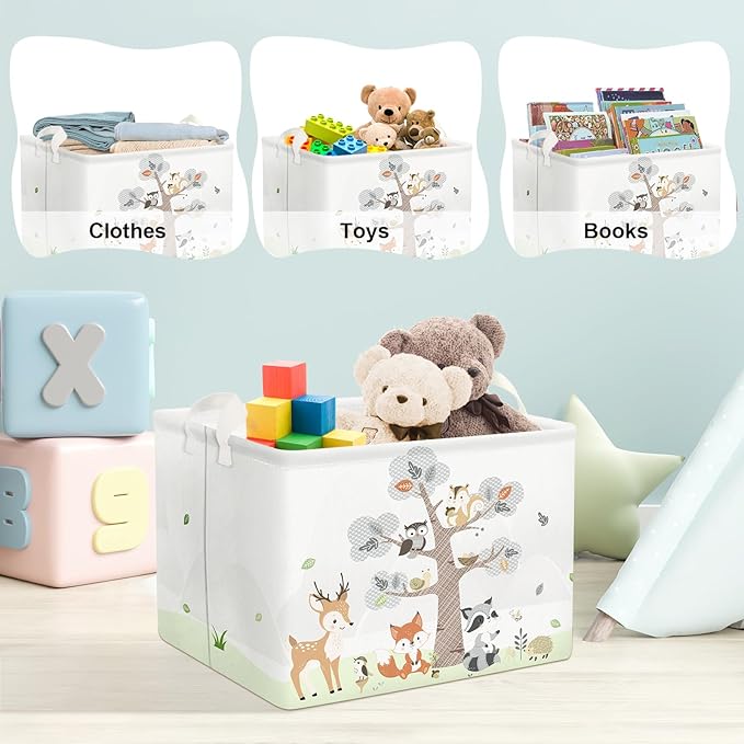 Clastyle 36L Large Woodland Animal Tree House Baby Basket Rectangle Deer Fox Squirrel Shelf Basket with Handle Collapsible Book Toy Clothes Towel Nursery Storage Basket