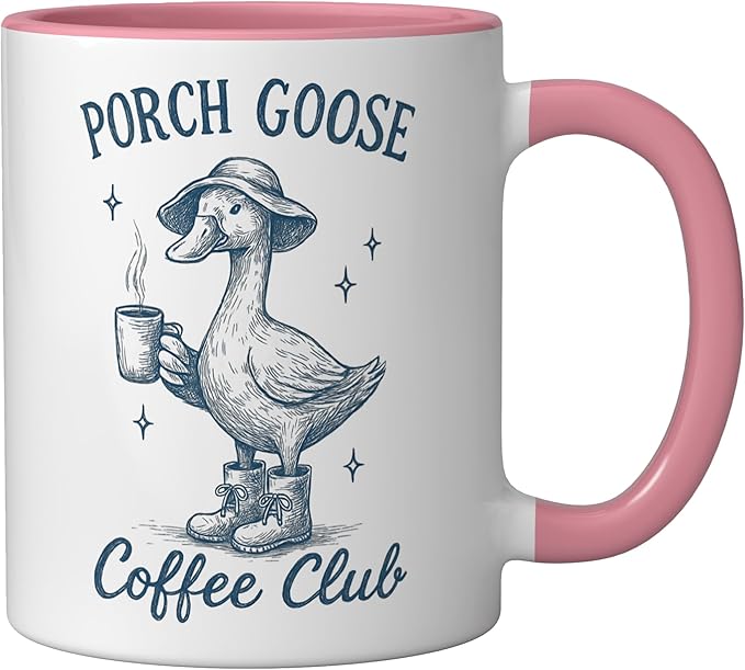 Porch Goose Coffee Club Funny Silly Goose Coffee Lover Ceramic Mug, Pink/White