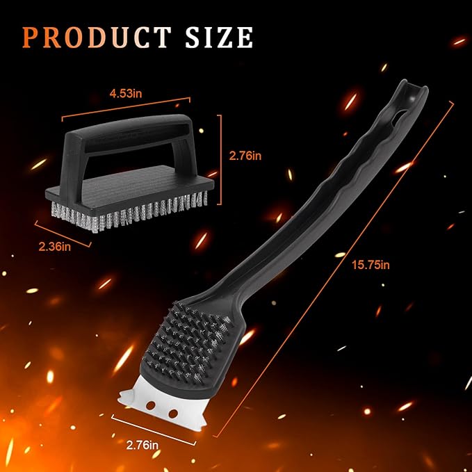 15.75” Grill Brush - Heavy Duty BBQ Scraper with Ergonomic Non-Slip Grip & Steel Bristles, Deep Clean Outdoor Grill Grates Without Bending (Safer, Long Handle)