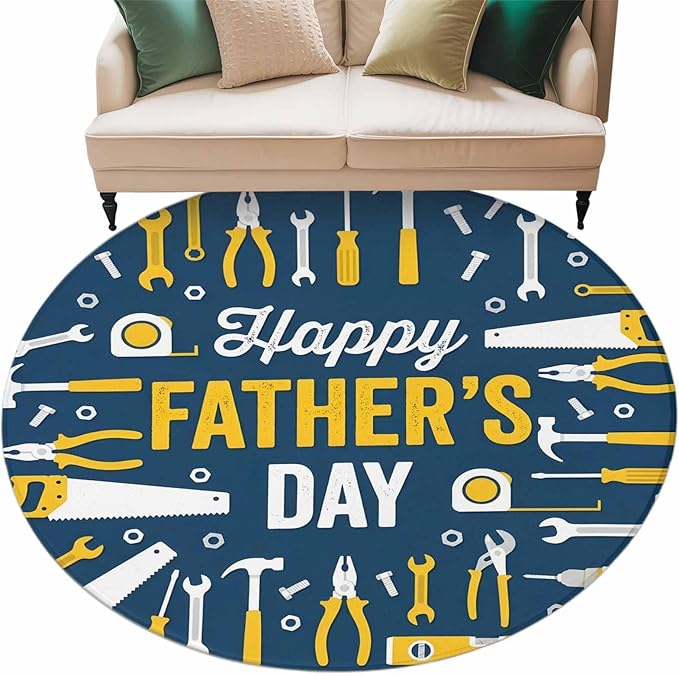 Father's Day Round Rug 5 ft Hand Tools Workshop Equipment Soft Area Rug for Living Room Washable Non-Slip Carpet Indoor Mat for Bedroom Dining Room Holiday Decor