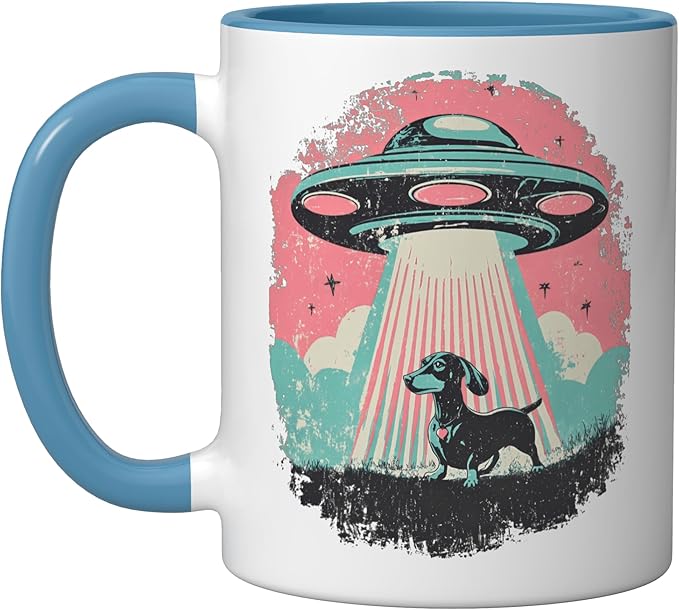 Retro UFO Dachshund Dog Alien Beam Vintage Sci Fi Pooch Ceramic Mug, Blue/White