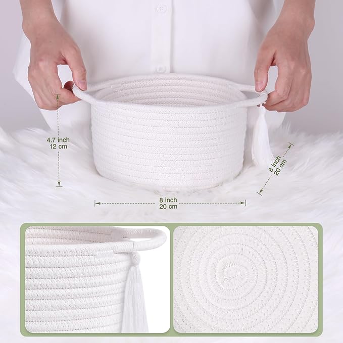 Small White Gift Basket Empty to Fill – SweetMemo Cute Decorative Woven Baskets with cellophane wrap for Kids, Baby Shower, Desk, Bathroom, Holiday Gifting – Mini Decor Cotton Rope Bin with Handles