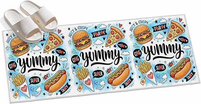 Runner Rug for Bedroom Hallway, Cartoon Food Abstract Graffiti Kitchen Runner Rugs Area Rug 2x6ft, Blue Sky with Clouds Washable Soft Floor Carpet for Entryway Stair