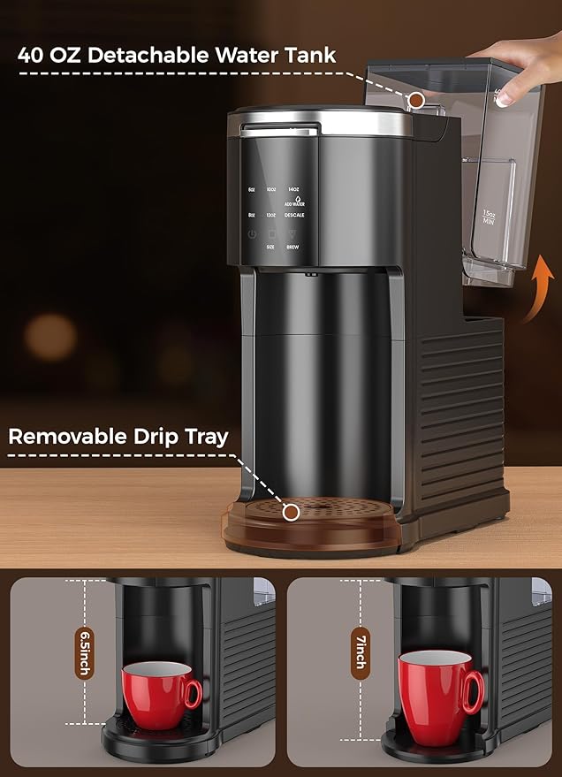 COWSAR Commercial Single Serve Coffee Maker, K Cup Coffee Brewer for Capsule and Ground Coffee, Capsule Coffee Machine with 40 Oz Water Tank, Instant-Heat, 5 Brew Sizes Up To 14 Oz, Satin Black
