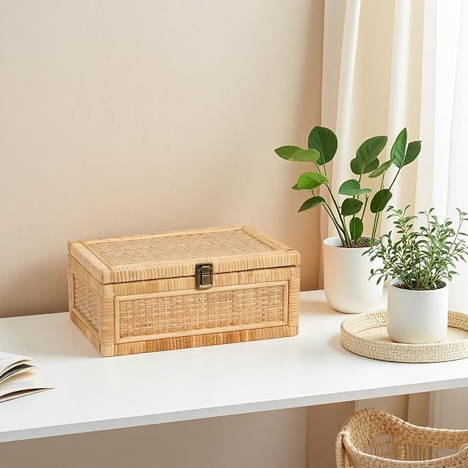 Rattan Box with Lid Decorative Natural Handmade Boho Rattan Baskets Woven Wicker Cane Bins Keepsake Memory Jewelry Boxes Rectangular Desk Shelf Closet Organizer Container (Large Size)