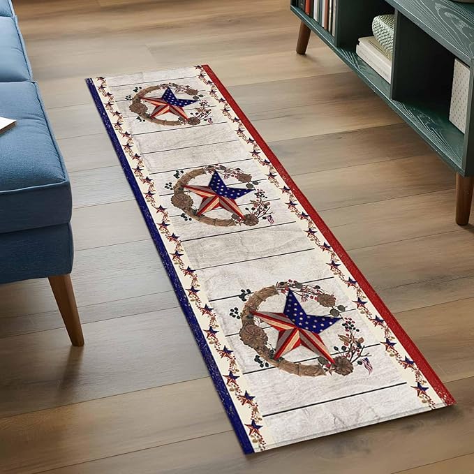 Runner Rug for Bedroom Hallway, Retro USA Flag Star and Berry Kitchen Runner Rugs Area Rug 2x6ft, Wooden Texture Washable Soft Floor Carpet for Entryway Stair