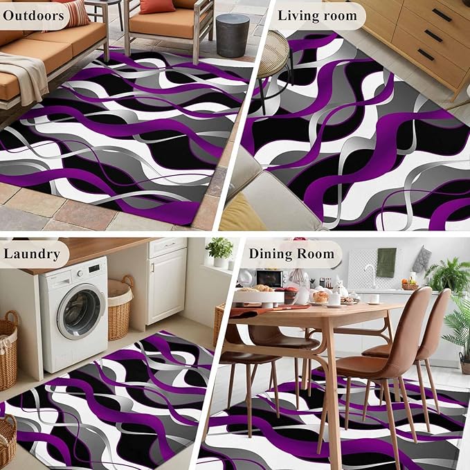 Area Rug 3x5ft, Abstract Purple Gray Black White Stripes Washable Rugs for Living Room Bedroom, Modern Lines Soft Non-Slip Area Rugs Rectangle Floor Carpet for Dining Room