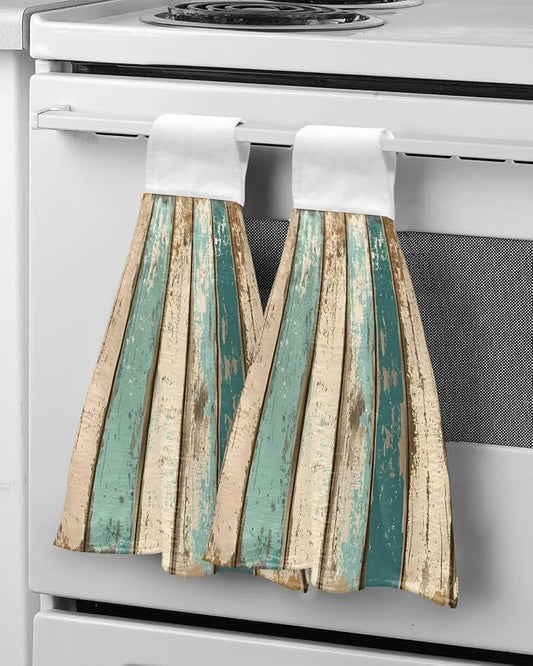 Alandar Home Kitchen Tie Towel Set of 2, Farm Brown Wood Board Retro Absorbent Soft Hand Towels for Bathroom Hanging Towels, Farm Shabby Wood Grain Fast Drying Cleaning Cloth with Loop