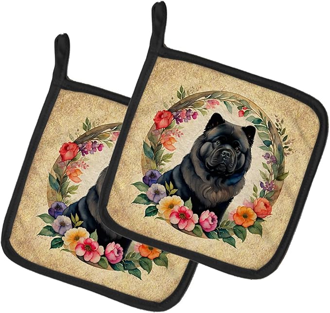 Caroline's Treasures Black Chow Chow and Flowers Pair of Pot Holders Kitchen Heat Resistant Pot Holders Sets Oven Hot Pads for Cooking Baking BBQ, 7 1/2 x 7 1/2