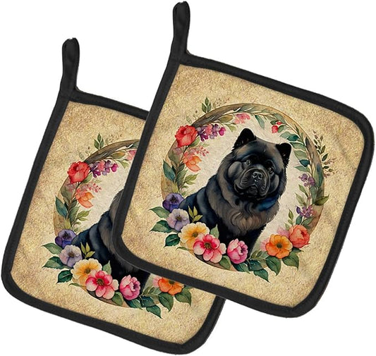 Caroline's Treasures Black Chow Chow and Flowers Pair of Pot Holders Kitchen Heat Resistant Pot Holders Sets Oven Hot Pads for Cooking Baking BBQ, 7 1/2 x 7 1/2