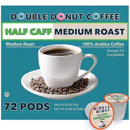 Double Donut Coffee Half Caff Coffee Pods, Single Serve Half Caffeine Coffee Pods For Keurig K Cup Brewers, Medium Roast, 72 Count
