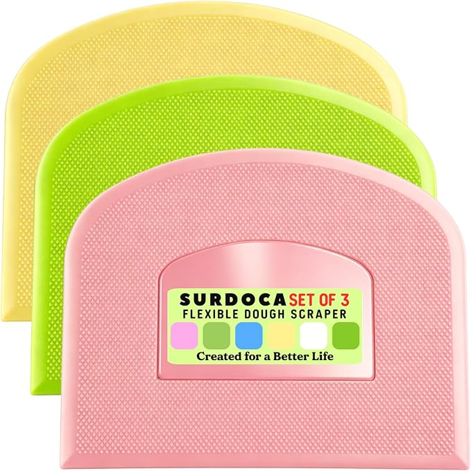 SURDOCA Dough Scraper Bench Scraper - 3P 10.6x6.7" Plastic Flexible Bowl Scraper, Sharp Edge & Angles Cake Scraper. Non-Slip Bakeware Decorating Tools Sculpting & Modeling Tools - Green+Pink+Yellow