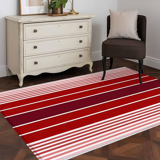 Area Rug 3x5ft, Abstract Gradient Red White Stripes Washable Rugs for Living Room Bedroom, Ombre Modern Art Soft Non-Slip Area Rugs Rectangle Floor Carpet for Dining Room