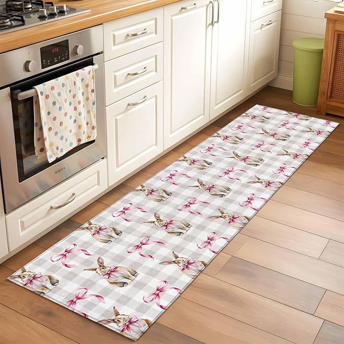 Runner Rug for Bedroom Hallway, Easter Rabbit Pink Bow Kitchen Runner Rugs Area Rug 2x6ft, Seamless Bunny Gray Buffalo Plaid Washable Soft Floor Carpet for Entryway Stair
