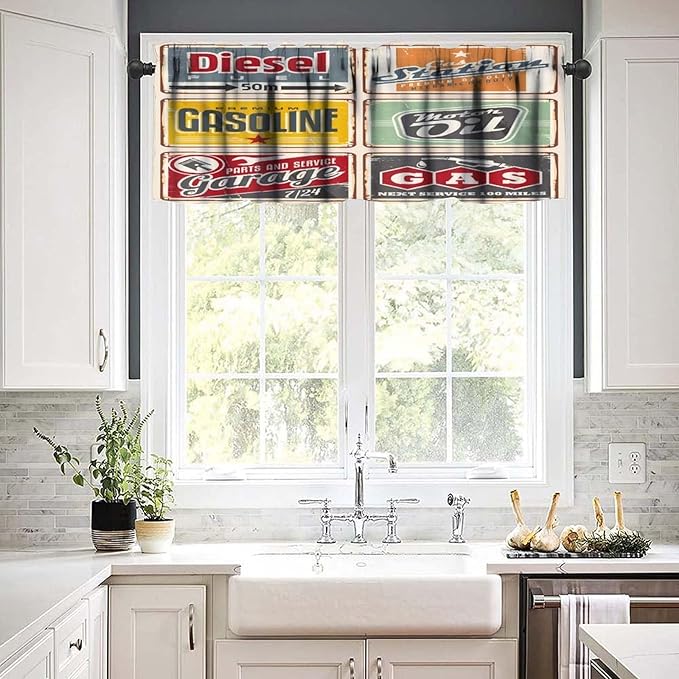 1950s Valance Curtain Vintage Car Signs Automobile Advertising Repair Vehicle Garage Classics Servicing, Curtain Valances for Kitchen Living Room Bathroom Decor with Rod Pocket, 1 Panel 54X18 Inches