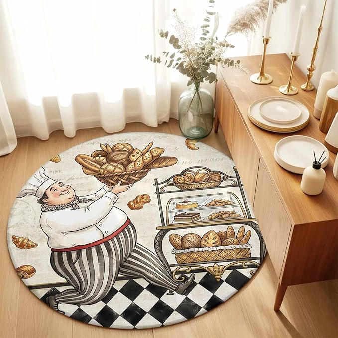 Washable Round Area Rug Farmhouse Kitchen Baker Bread Circle Rugs Floor Carpet for Living Room Bedroom, Vintage Black Plaid Soft Non Slip Round Rug 5ft