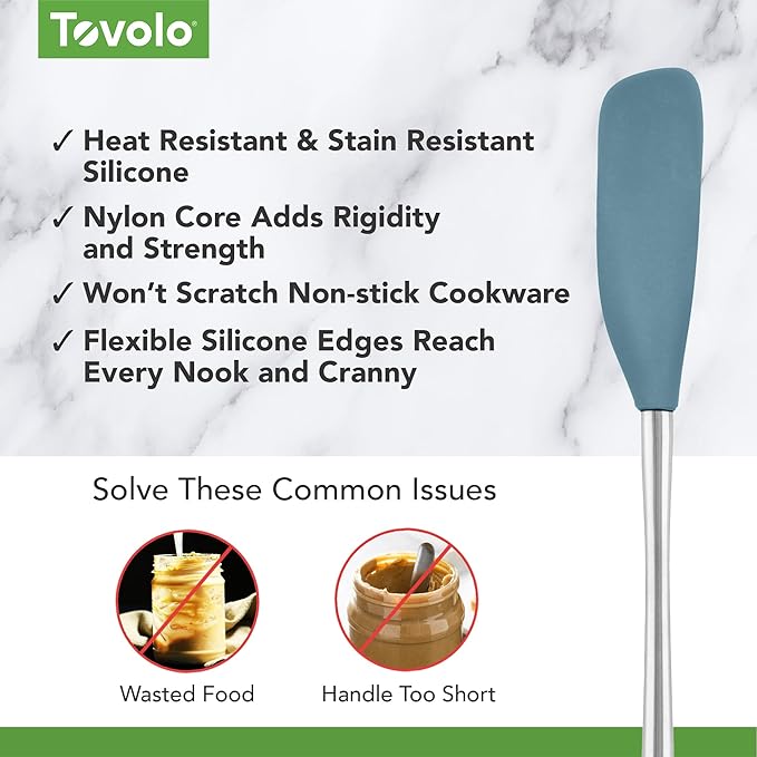 Tovolo Jar Spatula Silicone Long Stainless Steel Handle Scraper Spatula Blue Slate, Jar Scraper Heat Resistant Dishwasher Safe BPA Free Kitchen Utensil for Scraping Spreading Jelly Peanut Butter