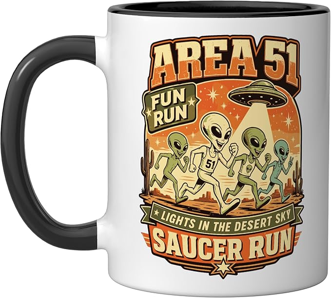 Area 51 Fun Run Saucer Run Alien Ceramic Mug, Black/White