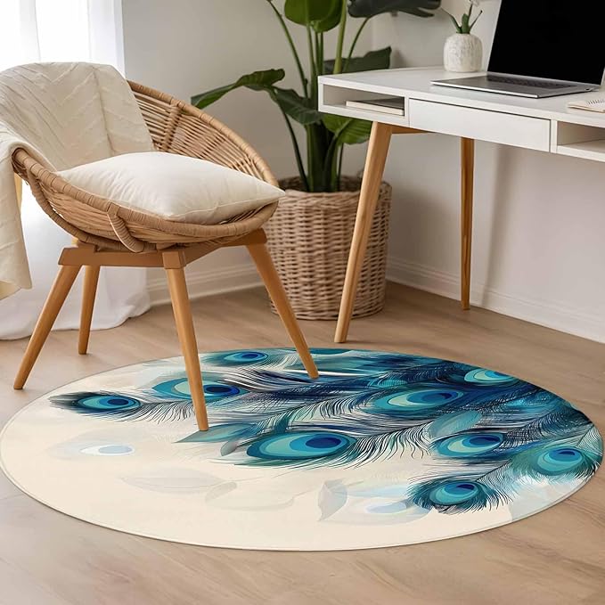 Washable Round Area Rug Abstract Animal Art Peacock Feather Circle Rugs Floor Carpet for Living Room Bedroom, Watercolor Blue Eyes Beige Soft Non Slip Round Rug 3ft