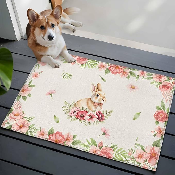 Area Rug 2x3ft, Retro Easter Rabbit on Linen Washable Rugs for Living Room Bedroom, Spring Pastoral Pink Flower Leaf Soft Non-Slip Area Rugs Rectangle Floor Carpet for Dining Room
