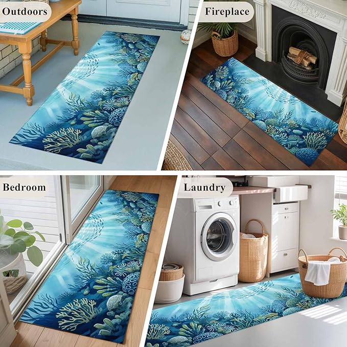 Runner Rug for Bedroom Hallway, Underwater World Coral Seaweed Kitchen Runner Rugs Area Rug 2x6ft, Seafloor Ocean Life Fish Washable Soft Floor Carpet for Entryway Stair
