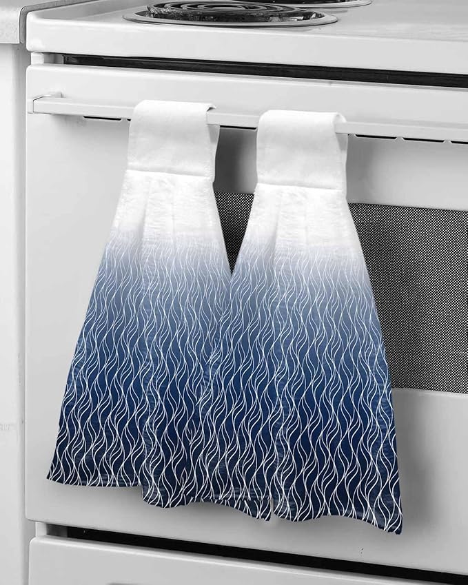Alandar Home Kitchen Tie Towel Set of 1, Abstract Stripe Blue Gradient Absorbent Soft Hand Towels for Bathroom Hanging Towels, Modern Morocco Wave Line Fast Drying Cleaning Cloth with Loop