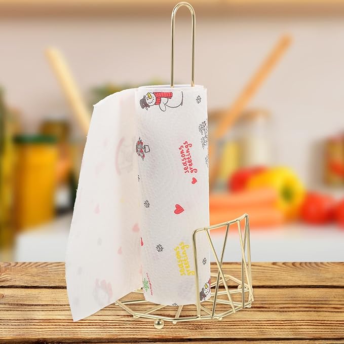 Freestanding Paper Towel Holder Iron Stand Kitchen Roll Paper Shelf Gold Metal Countertop Tissue Rack for Home and Commercial Use