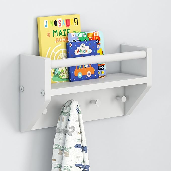 Max & Lily Wall Shelf with Pegs, 16 Inch Floating Bookshelf for Kids Room, Solid Wood Wall-Mounted Storage Shelf with Hooks for Backpacks, Jackets & Décor, White
