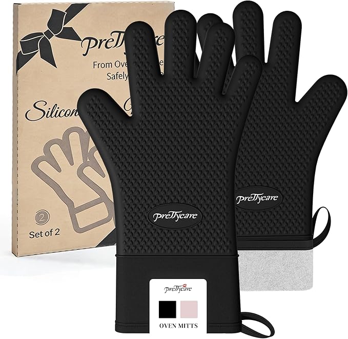 PrettyCare Extra Long 14in Silicone Oven Mitts, Waterproof & Non-Slip Oven Gloves with Fingers,Cotton Lined Silicone Oven Gloves Kitchen Mitts-Heat Resistant for Baking Cooking BBQ（Black