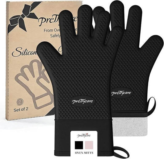 PrettyCare Extra Long 14in Silicone Oven Mitts, Waterproof & Non-Slip Oven Gloves with Fingers,Cotton Lined Silicone Oven Gloves Kitchen Mitts-Heat Resistant for Baking Cooking BBQ（Black
