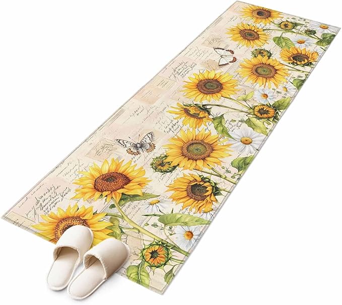 Sunflower Farmhouse 2x6 Kitchen Runner Rug, Retro Floral Butterflies Non-Skid Rubber Backing Large Rectangle Rugs - Living Room Bedroom Home Office, Spring Summer Indoor Floor Mat Carpets Washable Rug