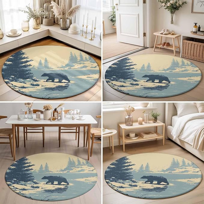 Washable Round Area Rug Winter Bear Evergreen Trees Circle Rugs Floor Carpet for Living Room Bedroom, Rustic Snow River Soft Non Slip Round Rug 5ft