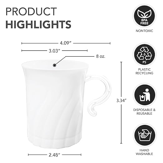 Party Essentials Elegance Plastic Coffee Cup/Tea Mug/Punch Cup w/Handle, 40 Count, 8-Ounce, White