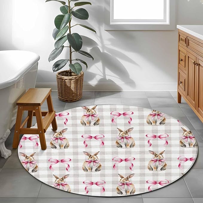 Washable Round Area Rug Easter Rabbit Pink Bow Circle Rugs Floor Carpet for Living Room Bedroom, Seamless Bunny Gray Buffalo Plaid Soft Non Slip Round Rug 4ft