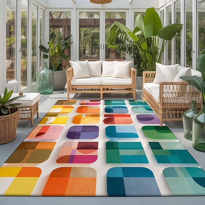 Area Rug 3x5ft, Modern Geometric Squares Washable Rugs for Living Room Bedroom, Colorful Abstract Art Soft Non-Slip Area Rugs Rectangle Floor Carpet for Dining Room