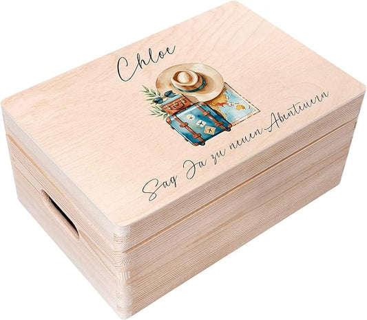 Creative Deco Personalized Wooden Wedding Box Storage Box - Travel | 11.8x7.87x5.51in (+-0.5) | Hinged Lid Handle Engraving | Unpainted Gift Box Rough UNSANDED Keepsake Memory Souvenir Chest