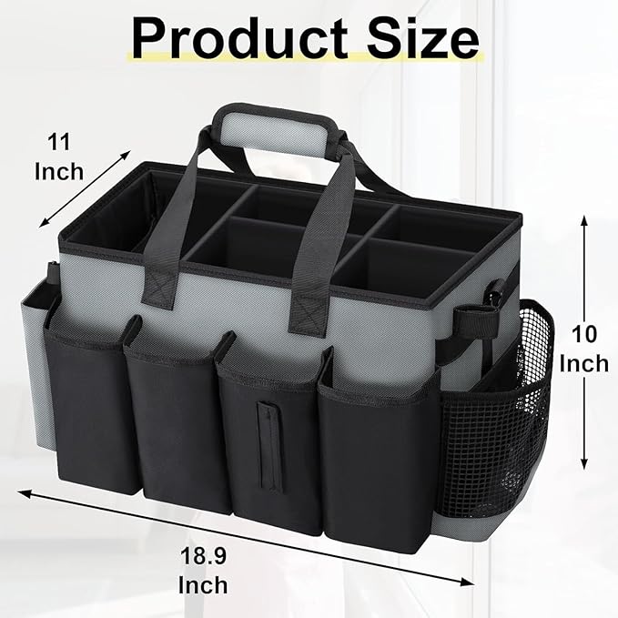 Wearable Large Cleaning Caddy Bag for Housekeeper, Clean Supply Organizer with Adjustable Shoulder, Waist & Handle Straps, Detailing Bag for Kitchen Supplies (Black&Gray)