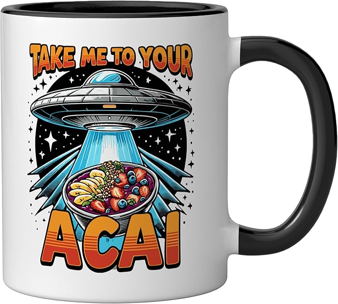 Take Me to Your Acai UFO Abduction Berry Fruit Funny Acai Ceramic Mug, Black/White
