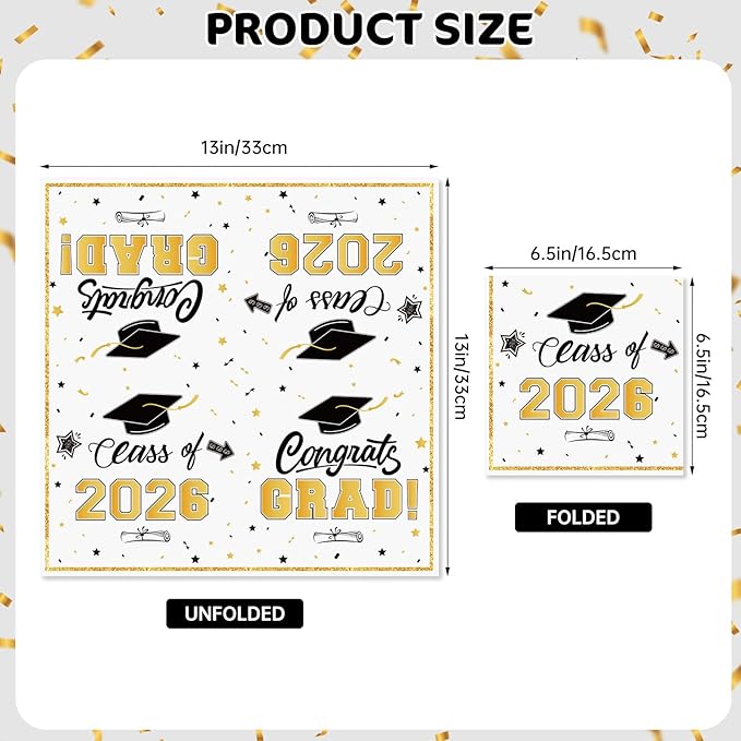 50 Pcs Graduation Napkins Decorations - White Gold Class of 2026 Congrats GRAD 3-Ply Paper Cocktail Dinner Napkins Set for 2026 Graduation Party Supplies Table Decor Favors, 6.5 x 6.5 Inch