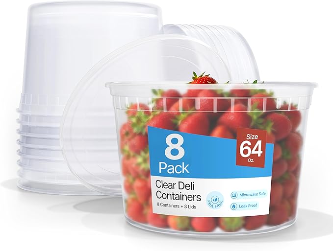 Plastic Deli Containers with Lids 64oz (Pack of 8) – Leak-Proof, BPA-Free Food Storage Containers for Soup, Slime & Meal Prep, Stackable, Microwave, Dishwasher Safe, Reusable Clear Plastic