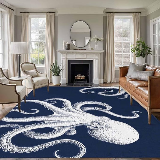 Area Rug 8x10ft, Underwater Ocean Giant Octopus Washable Rugs for Living Room Bedroom, Navy Blue White Marine Life Soft Non-Slip Area Rugs Rectangle Floor Carpet for Dining Room