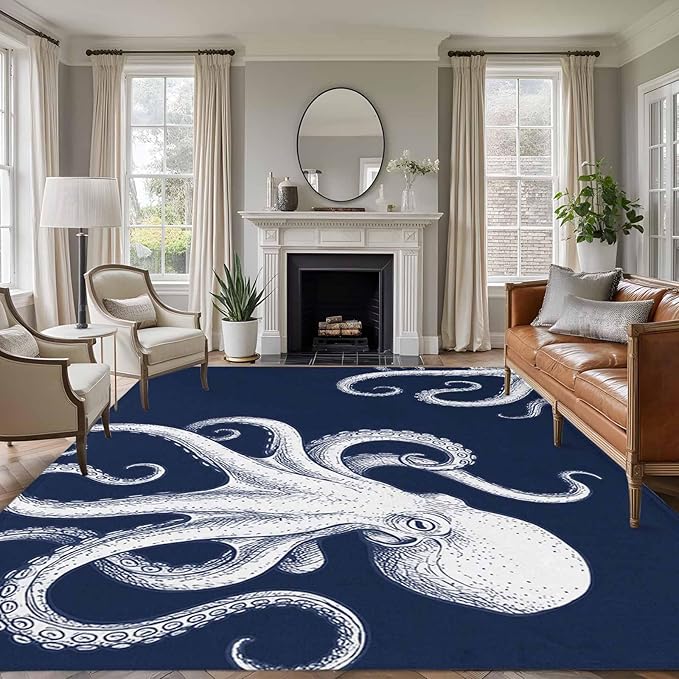 Area Rug 9x12ft, Underwater Ocean Giant Octopus Washable Rugs for Living Room Bedroom Rectangle Floor Carpet, Navy Blue White Marine Life Soft Non-Slip Area Rugs for Dining Room