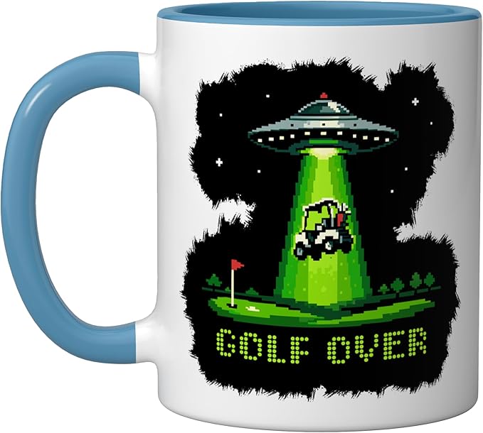 GOLF OVER Retro Funny Pixel Art UFO Abducting Golf-Cart Ceramic Mug, Blue/White