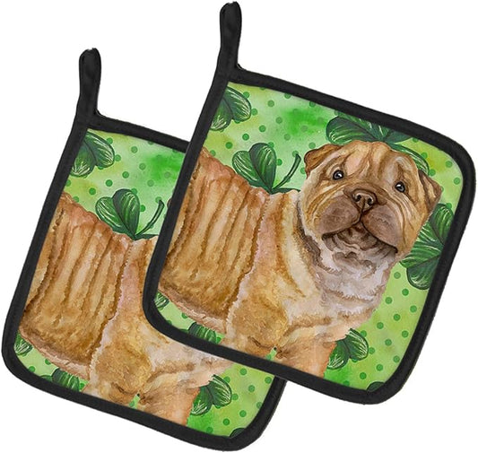 Caroline's Treasures BB9893PTHD Shar Pei Puppy St Patrick's Pair of Pot Holders, Green Kitchen Heat Resistant Pot Holders Sets Oven Hot Pads for Cooking Baking BBQ, 7 1/2 x 7 1/2
