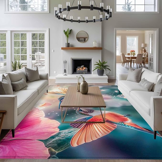 Area Rug 6x9ft, Spring Hummingbird Pink Petals Flowers Washable Rugs for Living Room Bedroom, Dreamlike Animal Focus Scenery Soft Non-Slip Area Rugs Rectangle Floor Carpet for Dining Room