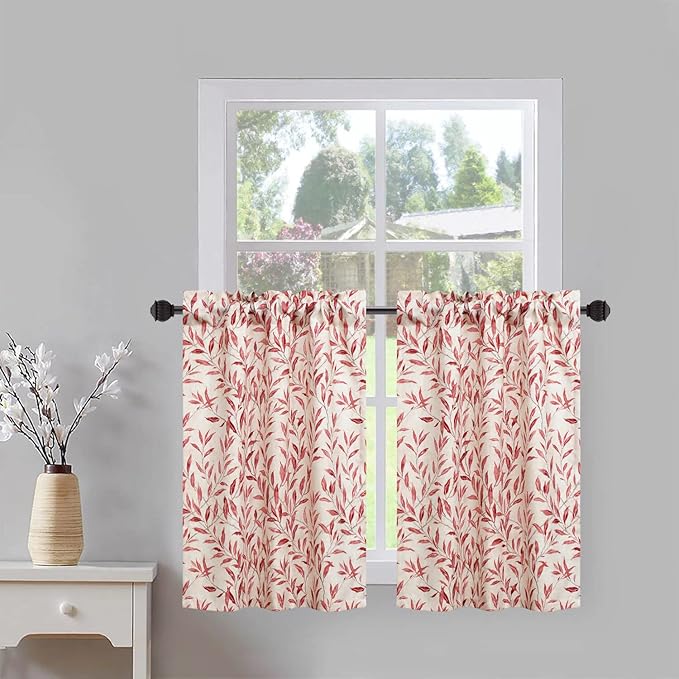 VOGOL Tier Curtains for Kids Room Cafe Kitchen Bathroom Decorative Short Window Treatment Red Leaves Pattern, 30" x 30", 2 Panels, Rod Pocket