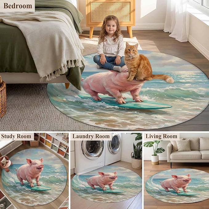 Washable Round Area Rug Surfing Farm Pink Pig Circle Rugs Floor Carpet for Living Room Bedroom, Summer Blue Sea Wave Beach Soft Non Slip Round Rug 4ft