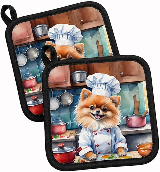Caroline's Treasures Pomeranian The Chef Pair of Pot Holders Kitchen Heat Resistant Pot Holders Sets Oven Hot Pads for Cooking Baking BBQ, 7 1/2 x 7 1/2