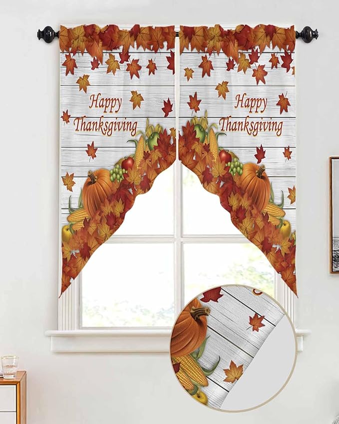 Happy Thanksgiving Orange Pumpkins Maple Leaves Fall Swag Valance Curtains Autumn Harvest Corn Apples Wood Grain Rod Pocket Kitchen Curtains, Scalloped Window Treatment Valances, 1 Pair, 28"W x 36"L