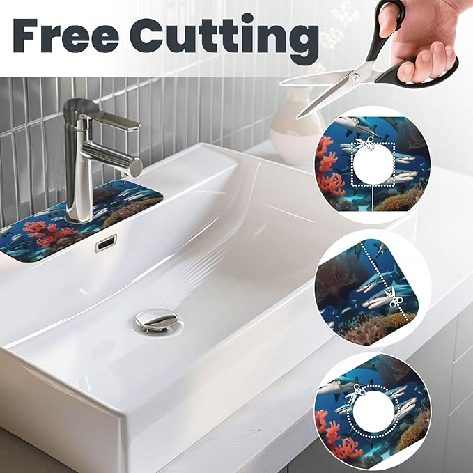 Submarine Shark Coral Printed Faucet Absorbent mat, Suitable for bathrooms, Kitchens, and Other Sink Areas.
